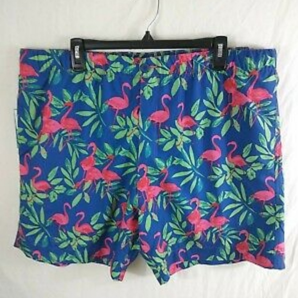 Flamingo tropical print blue swim shorts L